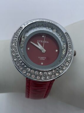 STRADA Women's Red Crystal Accent Quartz Watch Red Band